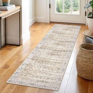 NEW 2x6 Beige Yellow Washable Runner Rug for Hallways, Soft Neutral Vintage Rugs